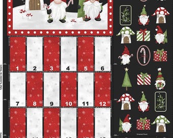 May include: Christmas-themed fabric panel featuring gnomes, mushrooms, and a 24-day advent calendar design. The panel includes the text "From our Gnome to Yours" and various holiday-themed illustrations in red, green, and white.