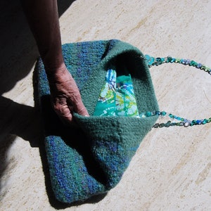 Hand Knitted, Fabric Lined Purse with beaded handle image 1