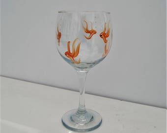 1 Clear Wine Glass  hand painted Orange Fish