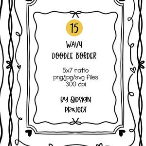 Puede incluir: Una colección de bordes de garabatos en blanco y negro en varias formas rectangulares. La imagen incluye el texto "WAVY DOODLE BORDER" y "5x7 ratio png/jpg/svg Files 300 dpi BY QIDSION PROJECT".