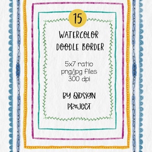 Watercolor Doodle Border PNG, Whimsical Hand Drawn Frame Clipart, 5x7 Invitation Border for Scrapbook, Colorful Printable Design