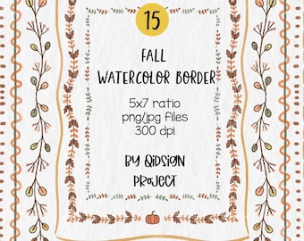 Bordure aquarelle automne PNG – ensemble de cliparts cadre automne, bordures d'invitation imprimables de feuille de citrouille 5 x 7