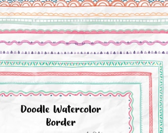 Ensemble PNG bordure Doodle aquarelle | Cadre pastel dessiné à la main, cliparts scrapbooking et agenda | 300 ppp en téléchargement numérique