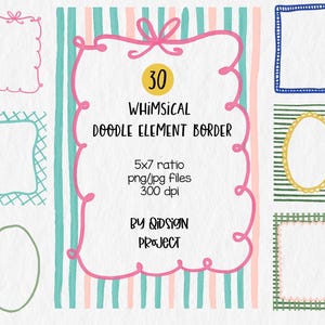 May include: A collection of 30 whimsical doodle element borders in various shapes and patterns. The borders include oval, rectangular, and scalloped designs, with striped, checkered, and diamond patterns. The image also includes the text "30 WHIMSICAL DOODLE ELEMENT BORDER".