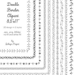 Op de afbeelding: Een set van 20 doodle-randontwerpen in twee stijlen, waaronder bloemmotieven, geometrische motieven en hartmotieven. De randen zijn 8,5 inch bij 11 inch en zijn verkrijgbaar in zowel zonder vulling als met witte vulling.