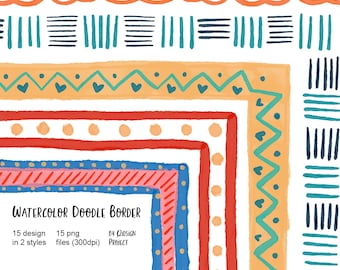 15 Doodle motif de bordure aquarelle, coups de pinceau aquarelle, bordure de cadre aquarelle Scrapbooking graphiques usage Commercial téléchargement immédiat