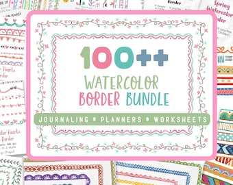Lot de 100 bordures aquarelles PNG - cadres imprimables 8,5 x 11 pour agendas, feuilles de calcul et documents à imprimer pour la classe (300 ppp)