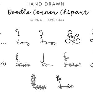 May include: A collection of sixteen black and white hand-drawn doodle corner clipart designs in PNG and SVG file formats. The image displays various decorative corner flourishes, including swirls, leaves, hearts, and dots on a white background.