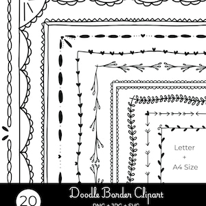 May include: A collection of black and white hand-drawn doodle borders featuring various patterns like hearts, leaves, and scalloped edges. The image includes text stating 20 Doodle Border Clipart, PNG + JPG + SVG, 300 DPI, and Letter + A4 Size.
