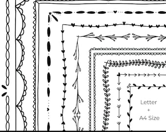 Hand Drawn Doodle Border Clipart SVG PNG, Black Frame Digital Download, Letter & A4 Size, Worksheet Border, Teacher Printable