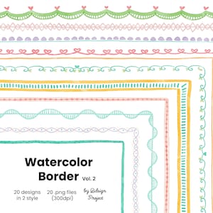 Pastel Watercolor Border Clipart, Cute Doodle Frame Set, Journal & Planner Page Borders, 20 PNG 300 DPI