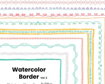 Clipart bordure aquarelle pastel, ensemble de cadre mignon Doodle, bordures de page de journal et planificateur, 20 PNG 300 DPI
