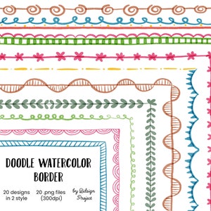 20 Doodle Watercolor Border, decorative elements, page border journal, doodle border planner, page border letter size, teacher clipart