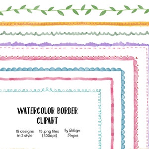 15 Doodle Watercolor Border Vol. 2, pennellate di acquerello, bordo con cornice di acquerello, grafica per album di ritagli, uso commerciale, download immediato