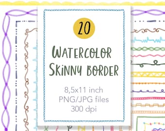 Bundle de cliparts bordure fine aquarelle PNG, cadres de bordure de page dessinés à la main, jolies bordures décoratives Pastel, ensemble de bordure de scrapbooking