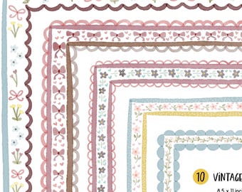 Bordures florales Cottagecore PNG, cadres vintage dessinés à la main pour journaux, feuilles de calcul et scrapbooking