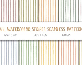 Fall Watercolor Stripe Digital Paper, Seamless Autumn Stripes Pattern, Scrapbook Paper Pack, Printable Background, Commercial Use