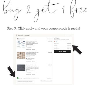 May include: Screenshot of an Etsy shop showing a sale of 3 digital clipart items. The sale is "buy 2 get 1 free" and the coupon code is "BUYZOETIFREE". The items are 12 digital cloud clipart, linen frames digital linen label images, and chalkboard doodle border chalkboard frames. The total cost is $5.90.