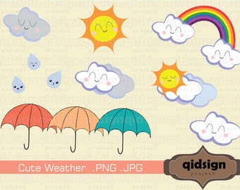 Kids weather theme decor Cute weather clip art, Kawaii clip art set, cloud clipart, spring clipart, rain invitation