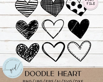 Doodle Heart SVG Bundle, Hand Drawn Clipart, Valentine PNG (Digital Download)