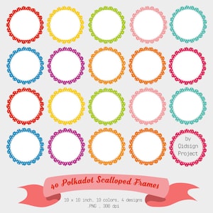 May include: Set of 40 scalloped polka dot frames in 10 different colors. Each frame is 10 inches in diameter and has a white background. The frames are perfect for adding a touch of whimsy to your crafts and projects.