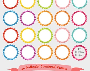 Polka Dot Scalloped Frames Clipart, Colorful Label Design (Digital Download)
