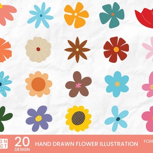 20 Hand Drawn Flower Illustration, Flowers Clipart, Spring Elements Clipart, Cute Colorful Floral Illustrations, Instant Download