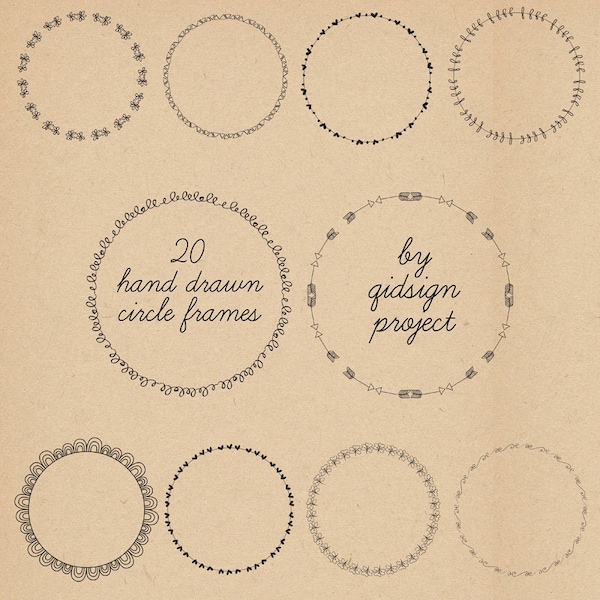 20 hand drawn circle frames  doodle round borders  digital frames clipart personal and commercial use instant download