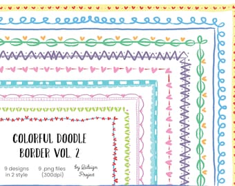 May include: Nine colorful doodle border designs in two styles. The borders are made of various shapes, including hearts, zigzags, and wavy lines. The text "COLORFUL DOODLE BORDER VOL. 2" is at the bottom of the image.