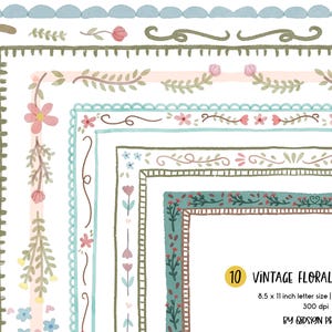 May include: A collection of ten vintage floral borders in various styles. The borders feature watercolor designs with flowers, leaves, and decorative elements in pastel colors. The text reads "10 Vintage Floral Borders" and "8.5 x 11 inch letter size | png/jpg files 300 dpi".