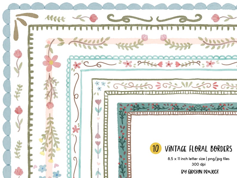 May include: A collection of ten vintage floral borders in various styles. The borders feature watercolor designs with flowers, leaves, and decorative elements in pastel colors. The text reads "10 Vintage Floral Borders" and "8.5 x 11 inch letter size | png/jpg files 300 dpi".