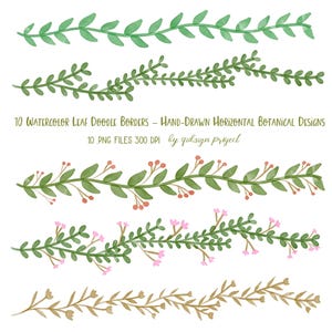 Puede incluir: Bordes de garabatos de hojas de acuarela en varios diseños. La imagen muestra cinco diseños botánicos horizontales con hojas verdes, flores rosas y bayas rojas. El texto dice "10 Watercolor Leaf Doodle Borders - Hand-Drawn Horizontal Botanical Designs."