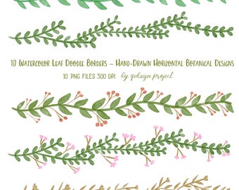 10 bordures de griffonnage de feuilles aquarelles - Clipart PNG botanique dessinés à la main pour feuilles de calcul et agendas