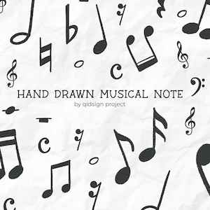 May include: A white background with black hand-drawn musical notes scattered across the surface. The text "HAND DRAWN MUSICAL NOTE" is written in black at the center of the image. Below the text is the phrase "by qidsign project".