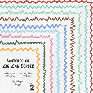 May include: Nine watercolor zig zag border designs in two styles. The borders are in various colors, including red, blue, green, yellow, and brown. The text "WATERCOLOR ZIG ZAG BORDER" is in black text. The text "9 designs in 2 style" is in black text. The text "9.png files (300dpi)" is in black text. The text "by Qidsign Project" is in black text. The text "VOL. 2" is in black text.