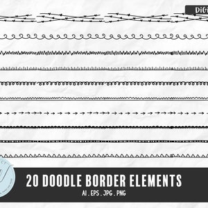20 Doodle Border Elements, Hand drawn line, border, frame vector design element set