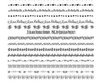 21 Black Doodle Borders PNG, Hand Drawn Line Border Clipart, Digital Border Divider for Planners Journals Worksheets, Instant Download
