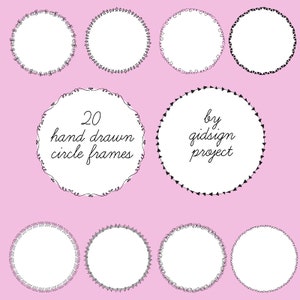 May include: Set of 20 hand-drawn circle frames in black on a pink background. The frames are various styles and sizes. The text "20 hand drawn circle frames by qidsign project" is in the center of the image.