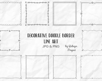May include: A collection of black and white decorative doodle border line art designs. The image includes various square frames with different patterns, such as chain links, leaves, and geometric shapes. Text reads "Decorative Doodle Border Line Art JPG & PNG".