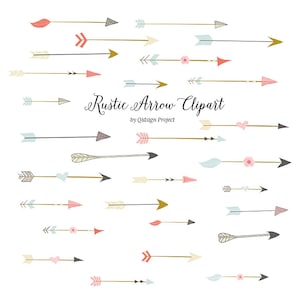 May include: A set of 20 rustic arrow clip art graphics in various colors and styles, including gold, gray, black, pink, blue, and cream. The arrows are decorated with hearts, flowers, and other details. The text "Rustic Arrow Clipart by Qidsign Project" is included in the image.