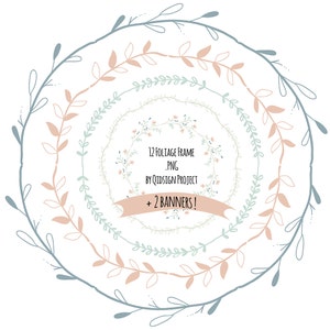 May include: Set of 12 hand-drawn foliage frames in blue and pink. The frames are circular and feature different leaf and flower designs. The text "12 Foliage Frame .PNG BY QIDSIGN PROJECT + 2 Banners!" is included in the image.