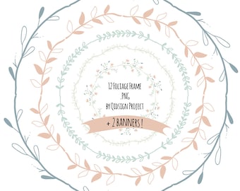 Circle leaf frame png, floral circle monogram clipart, boho leaf wreath in pastel colors, doodle border clipart, round frame png