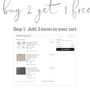 May include: Screenshot of an Etsy shop cart showing three digital clipart items for sale. The items are 12 digital cloud clipart, linen frames digital linen label images, and chalkboard doodle border. The total cost is $8.85. The text "Buy 2 Get 1 Free" is at the top of the image.