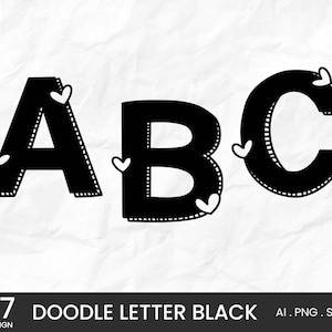 Black doodle png letters, Uppercase and lowercase alphabet, Doodle heart alphabet, Doodle letters set png, bulletin board letters