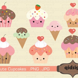 Cute cupcake and ice cream clipart, kawaii image, bakery logo, market day banner, kids cooking class, png files, pastel food color