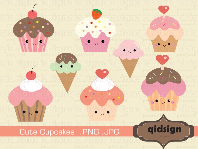 May include: A set of eight cute cartoon cupcakes with various toppings, including chocolate, sprinkles, and cherries. The cupcakes have smiling faces and hearts on top. The text "Cute Cupcakes .PNG .JPG" is at the bottom of the image.