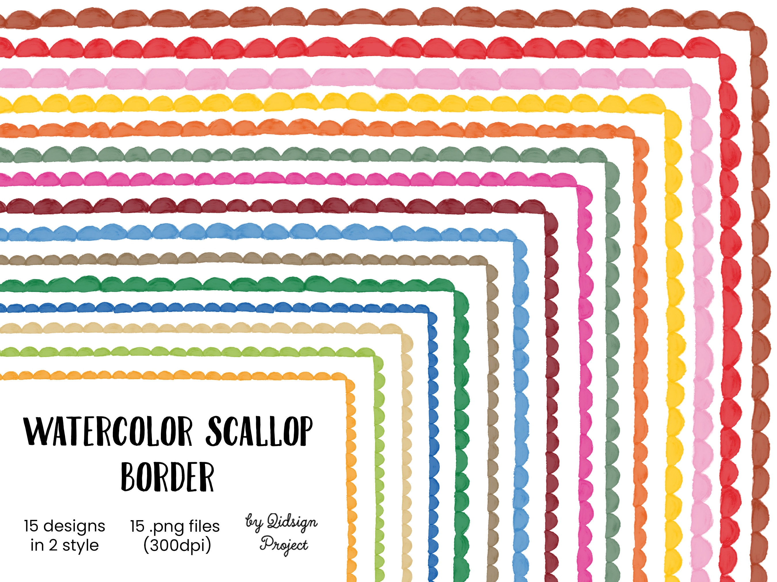 15 Watercolor Scallop Border, decorative elements, page border journal, doodle border planner, page border letter size, teacher clipart