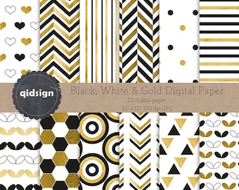 Black White Gold Geometric Digital Paper Pack, 12x12 Scrapbook Backgrounds (Digital Download)