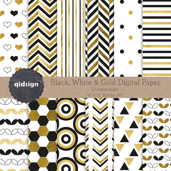 Schwarz Weiss Und Gold Digital Papier Scrapbook Papier Etsy