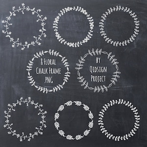 Könnte beinhalten: Acht weiße Kreide-Blumenrahmen-Designs auf einem schwarzen Tafelhintergrund. Die Rahmen variieren im Stil, einschließlich Blumen- und Blättermustern. Der Text im Bild lautet "8 Floral Chalk Frame .PNG" und "By Qidsign Project."